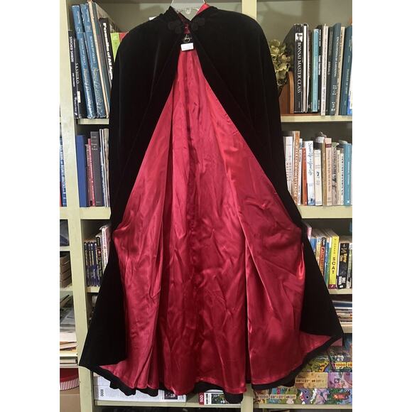 1980s Vintage JS Collections Black Velvet Long Maxi Opera Cloak Hooded Cape - S - Picture 3 of 7